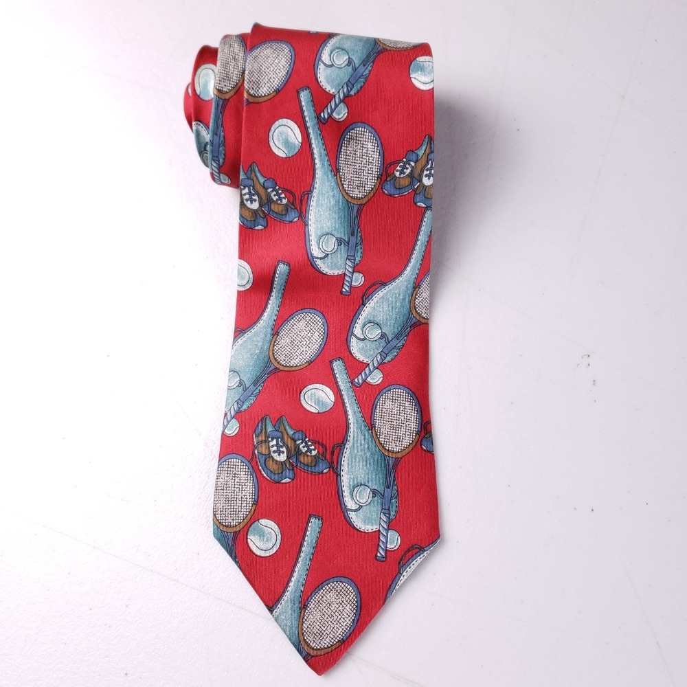 Hanover St Vintage Red Tennis Novelty Tie Rackets Balls Shoes Made in USA 90s